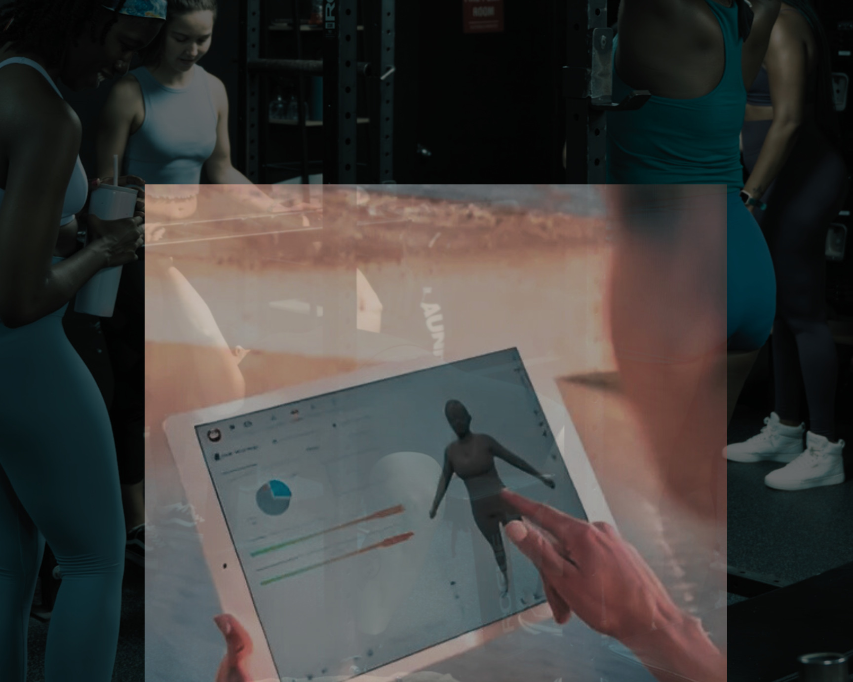 Group of women in workout attire in a gym, with a person using a digital tablet showing a 3D fitness model and performance data.