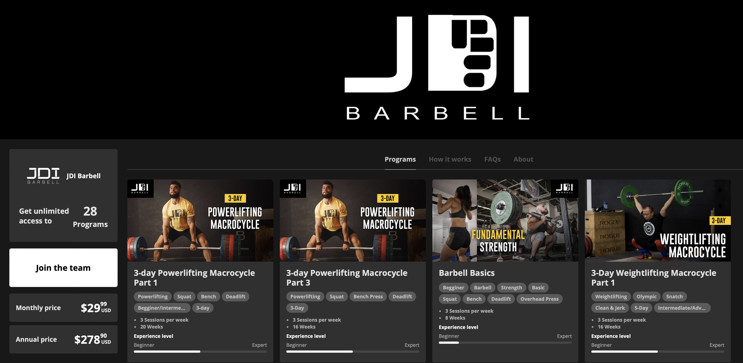 Screenshot of JBL Barbell website featuring fitness programs including Powerlifting Macrocycle, Barbell Basics, and Weightlifting Macrocycle with details on program duration and level.