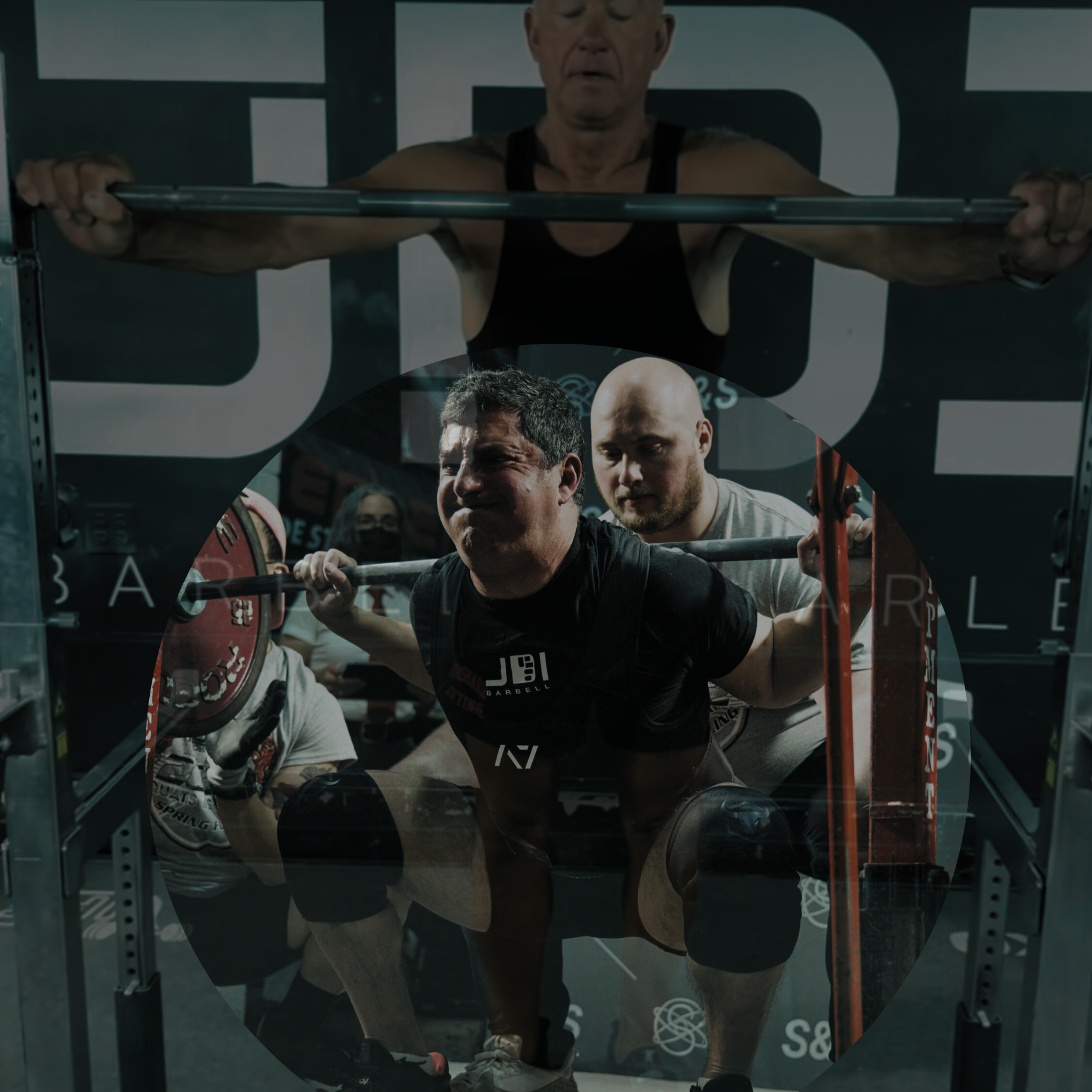 A man performing a squat with a barbell at a gym, surrounded by spotters and other gym-goers.