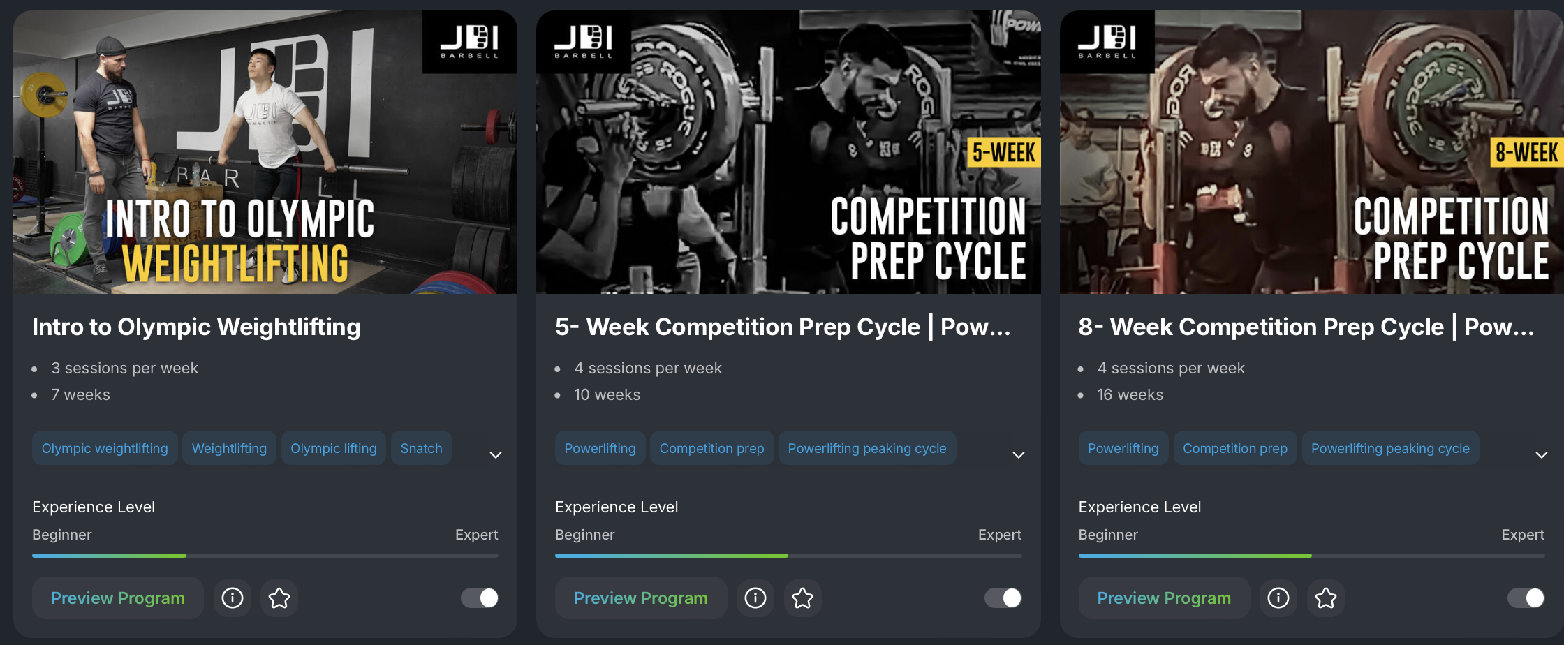 Three digital course thumbnails about Olympic weightlifting and competition prep cycle. The first shows a trainer and a lifter preparing to lift weights; the second and third show weightlifters performing squats in a gym, labeled as 5-week and 8-week competition prep cycles.