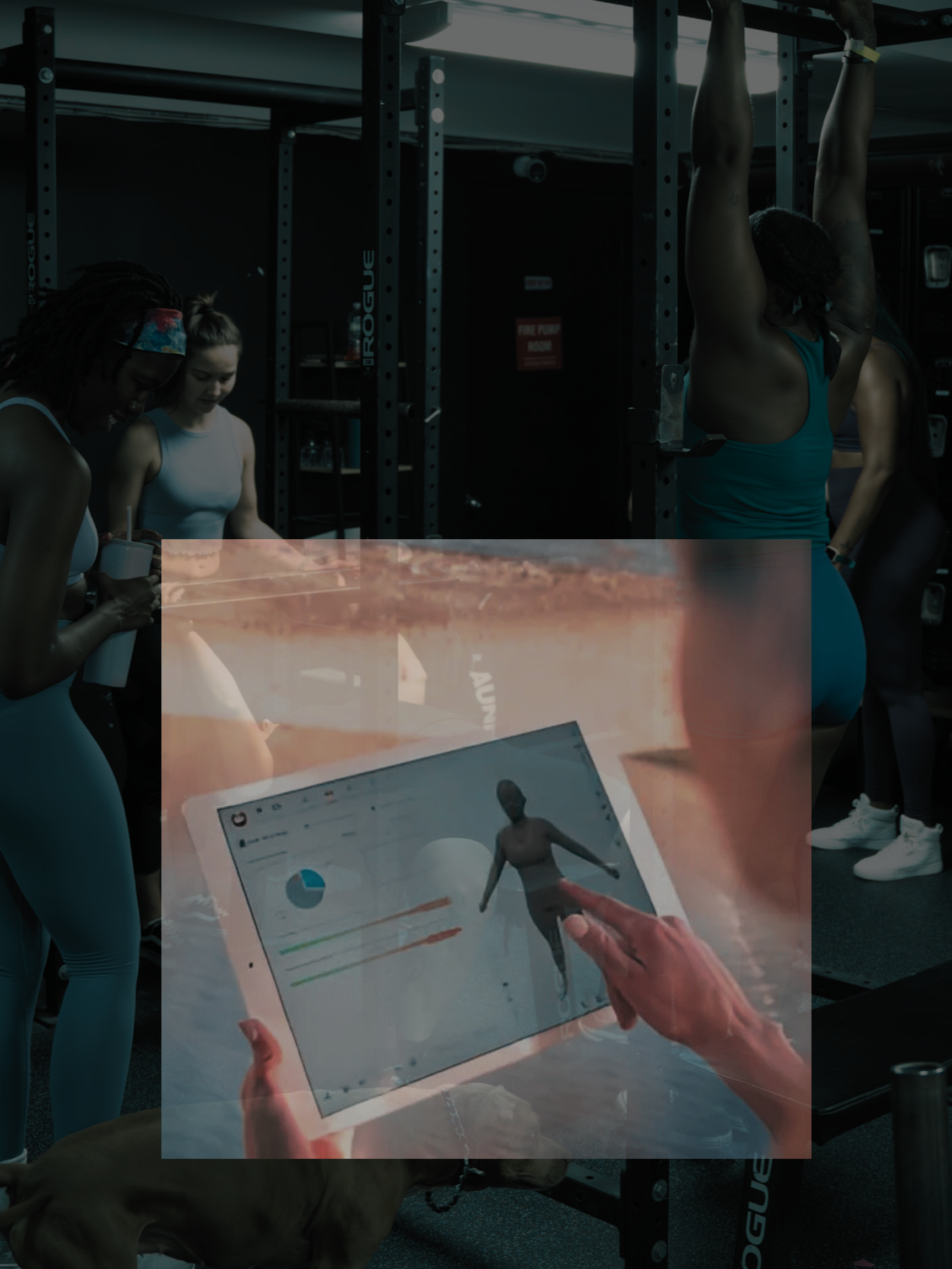 A fitness class with four women in a gym. One woman is hanging from a pull-up bar, while the other three are preparing or resting. There is a person using a tablet with a fitness app in the foreground.