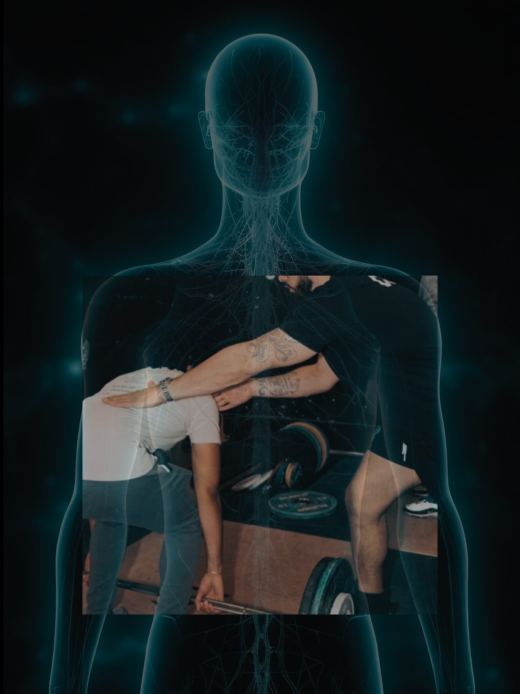 A digitally manipulated image combining a human figure with an internal nervous system overlay and a photograph of two people stretching or exercising in a gym, with gym equipment visible.