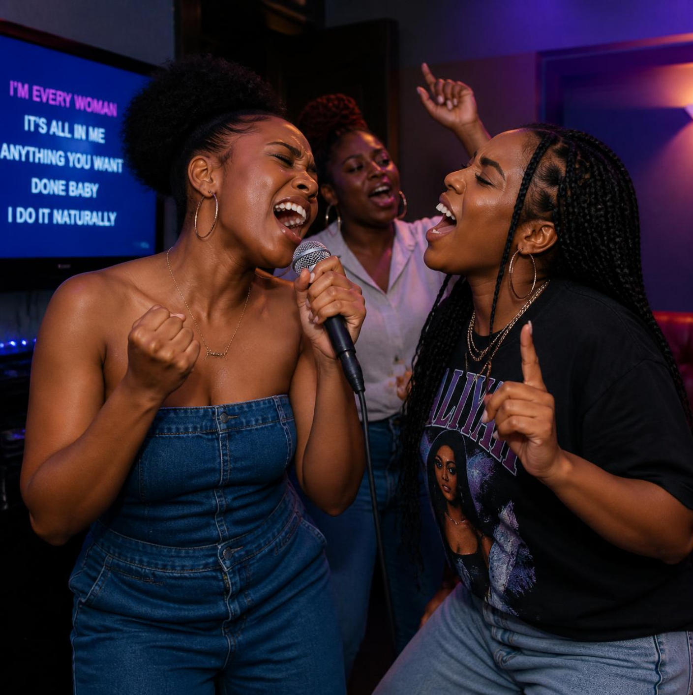 Three Black women enjoying themselves singing karaoke