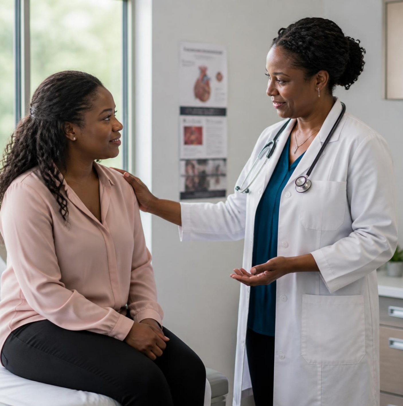 A Black female doctor gently placing her hand on a woman's shoulder during a consultation in a medical office.