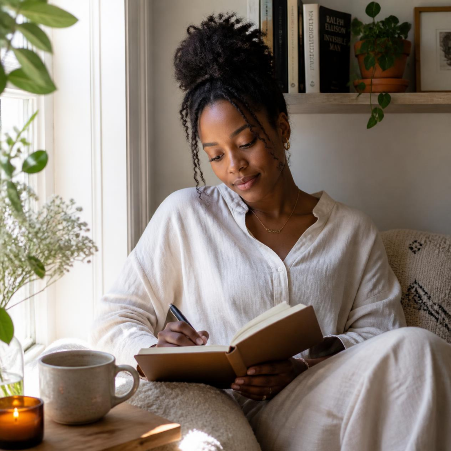 Black woman writing in a journal by a window