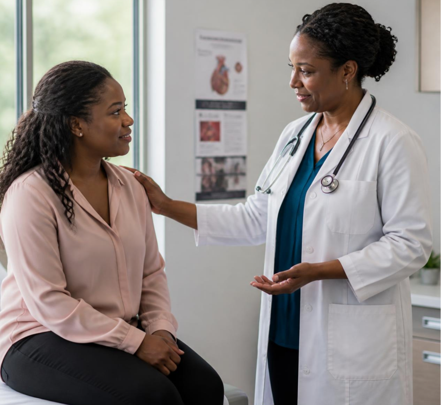 Black woman receiving care from Black physician