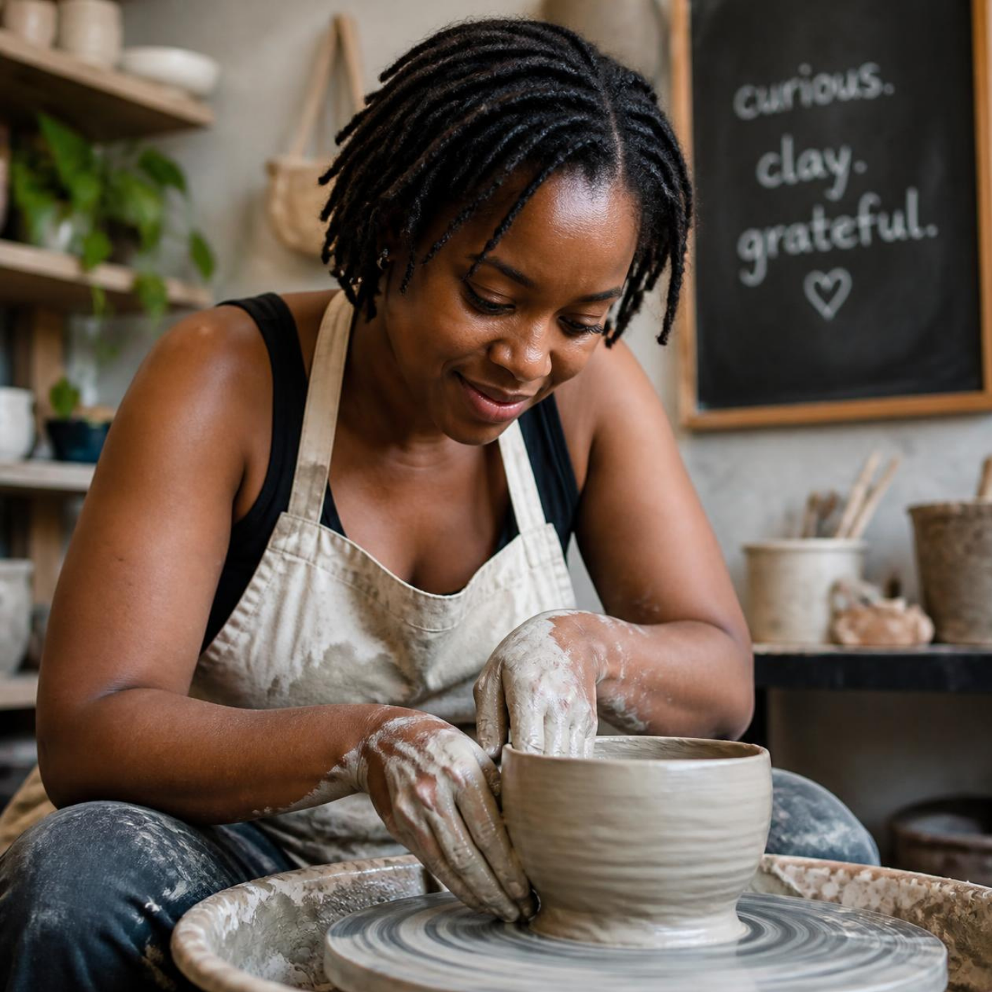 Black woman making a bowl in a pottery class
