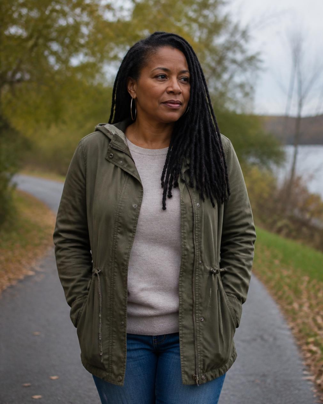 Black gen x women with long locs walking down a path in a park