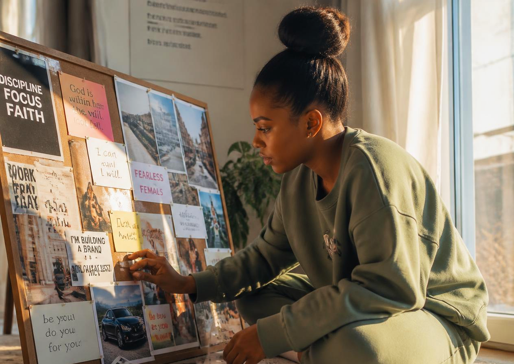 A young Black woman with her hair in a bun looking at a bulletin board with various pictures and motivational quotes, near a window with sunlight streaming in.