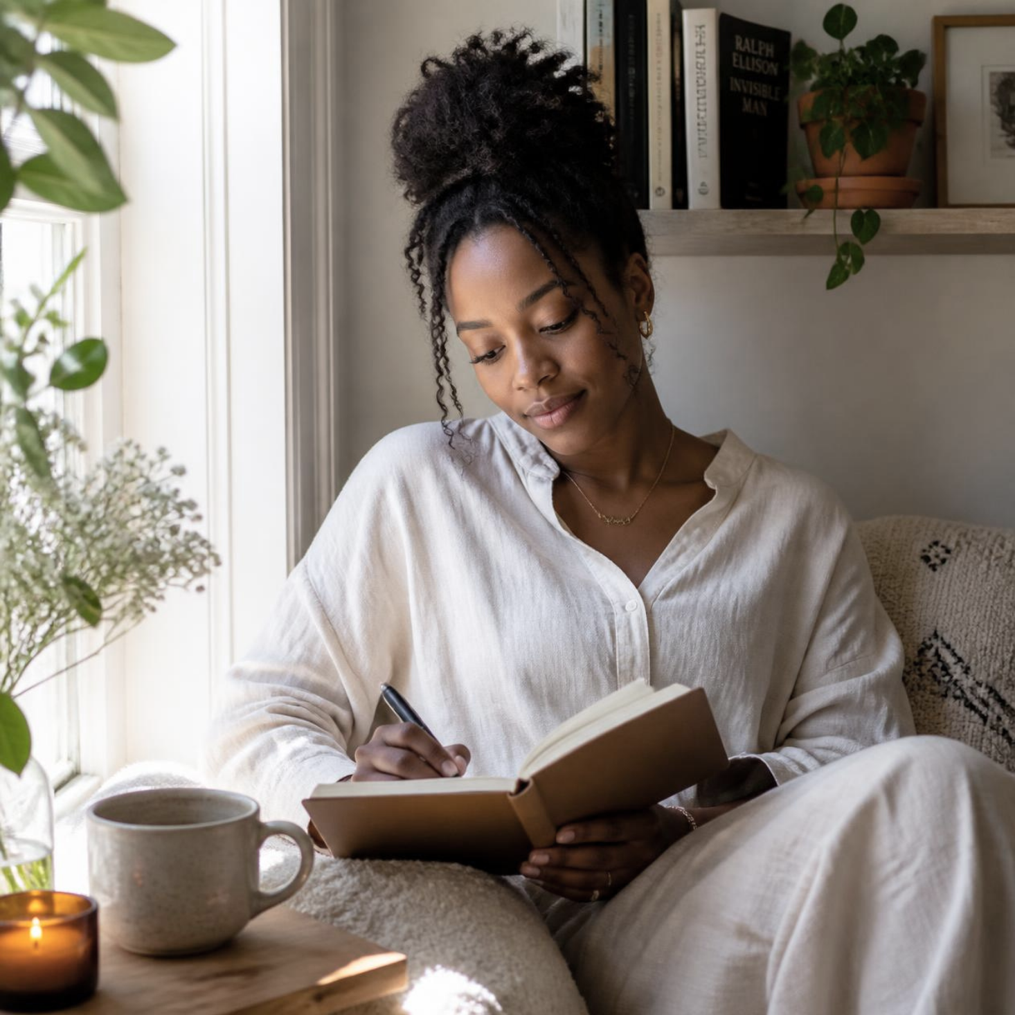 Black woman writing in a journal by a window