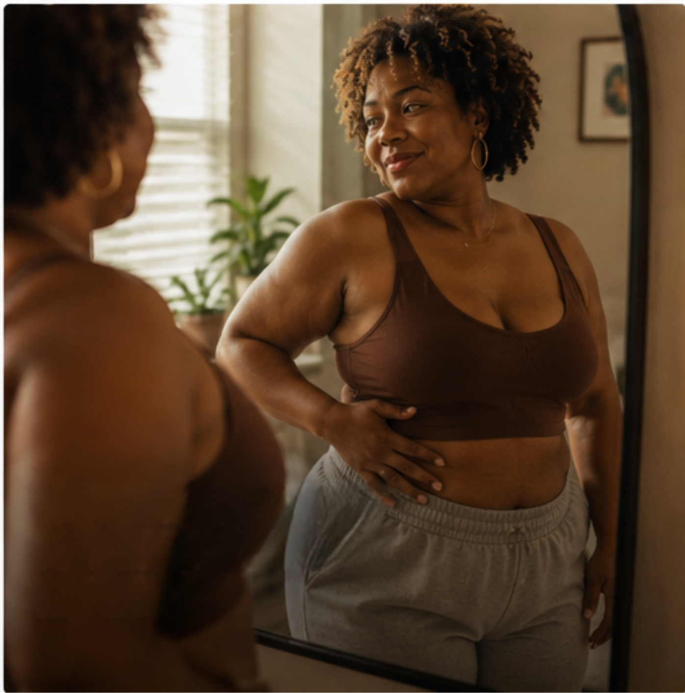 A Black woman with curly hair wearing a brown tank top and gray sweatpants stands in front of a mirror, smiling as she looks at her reflection.