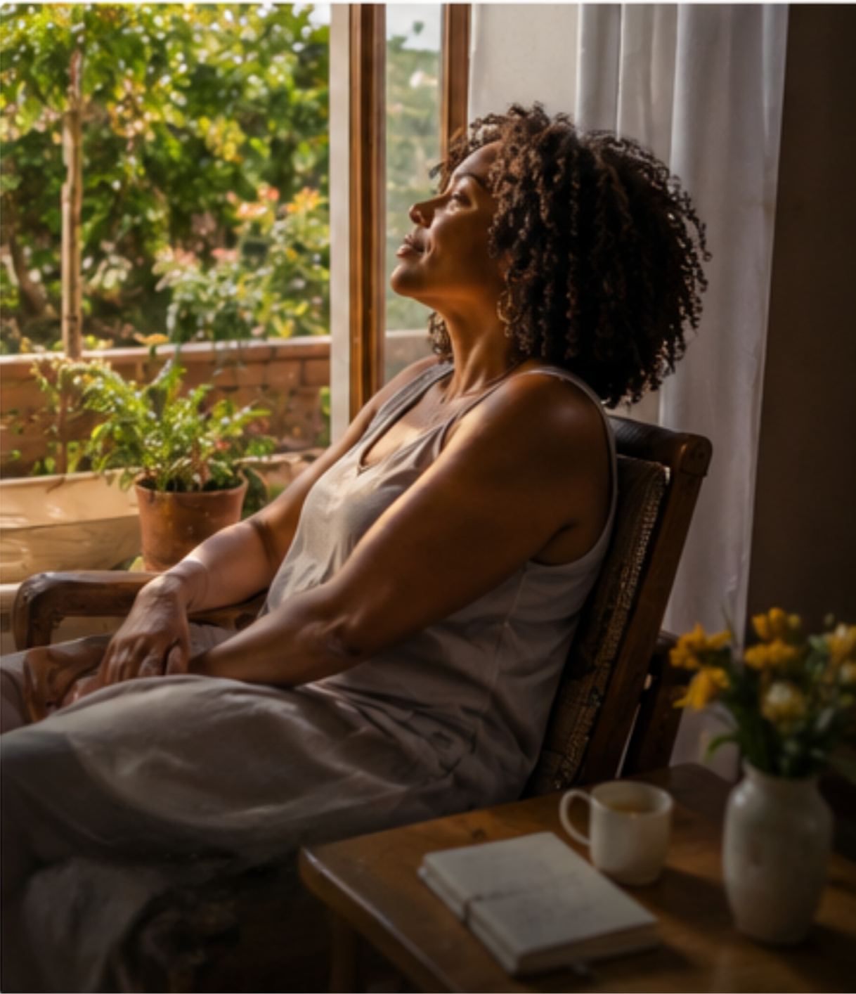 A Black woman sitting indoors near a window, enjoying sunlight, with plants and flowers nearby, holding her hands on her lap.