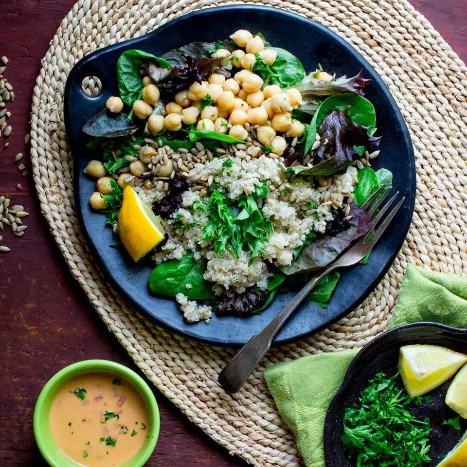 20 Minute Quinoa Chickpea Salad with Roasted Red Pepper Hummus Dressing (Eating Well)