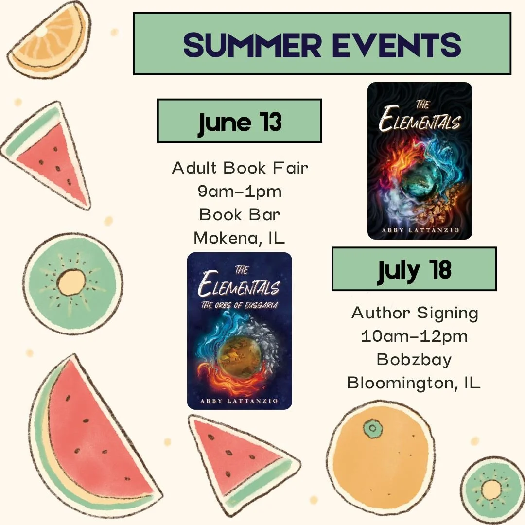 Check out my June and July events! I'll be at @bookbarmokena  in Mokena, IL on June 13, where you can pick up your copy of "The Elementals." Then, I'll be at @bobzbay on July 18 for the "The Elementals: The Orbs of Eusgaria" debut