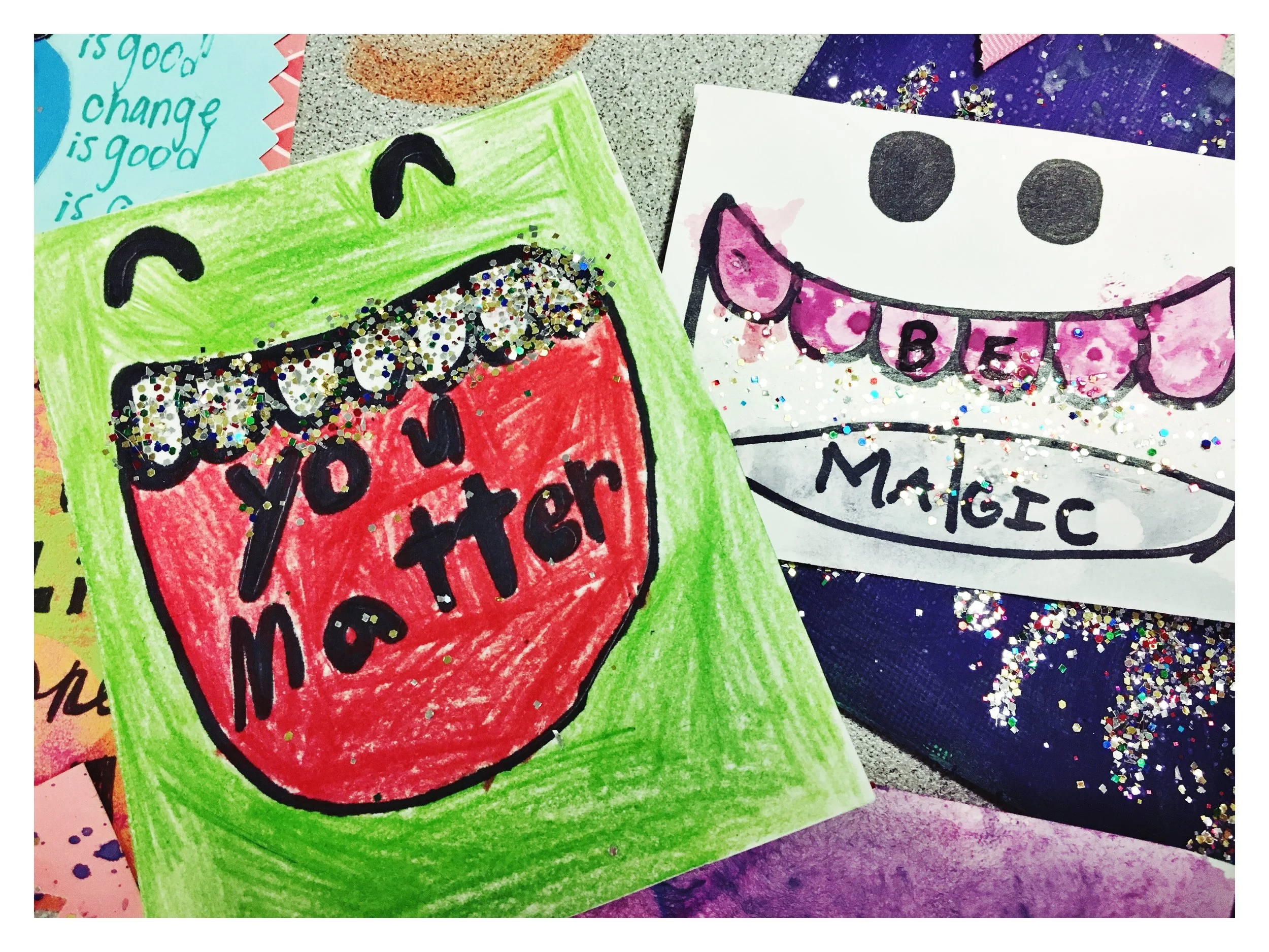 Colorful hand-drawn cards with motivational and birthday messages, decorated with glitter and bright colors.