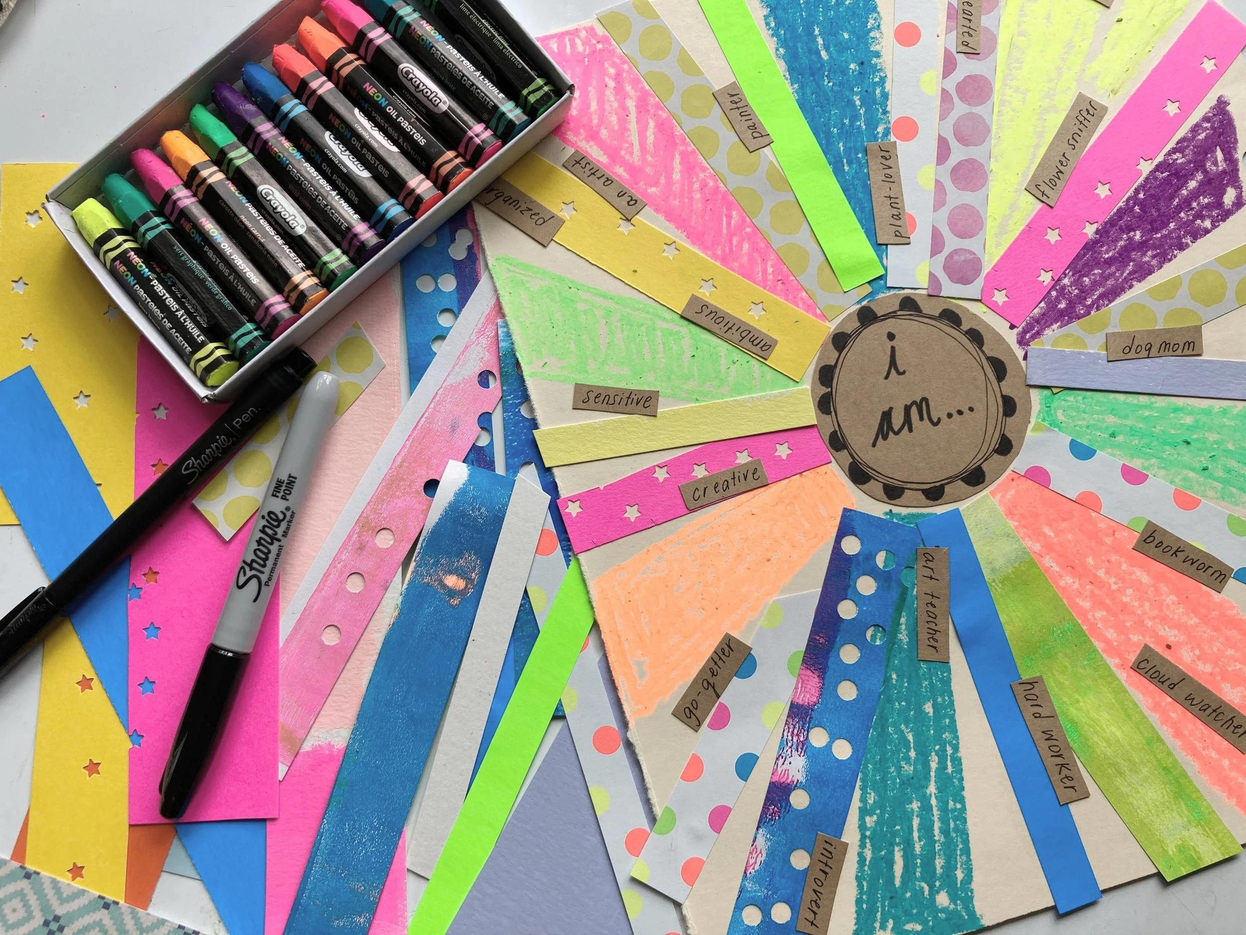 Colorful craft project with painted paper strips labeled with words like 'sensitive,' 'creative,' and 'dog mom,' arranged in a wheel around a central circle stating 'I am...'. There's a small box of colorful oil pastels and markers nearby.