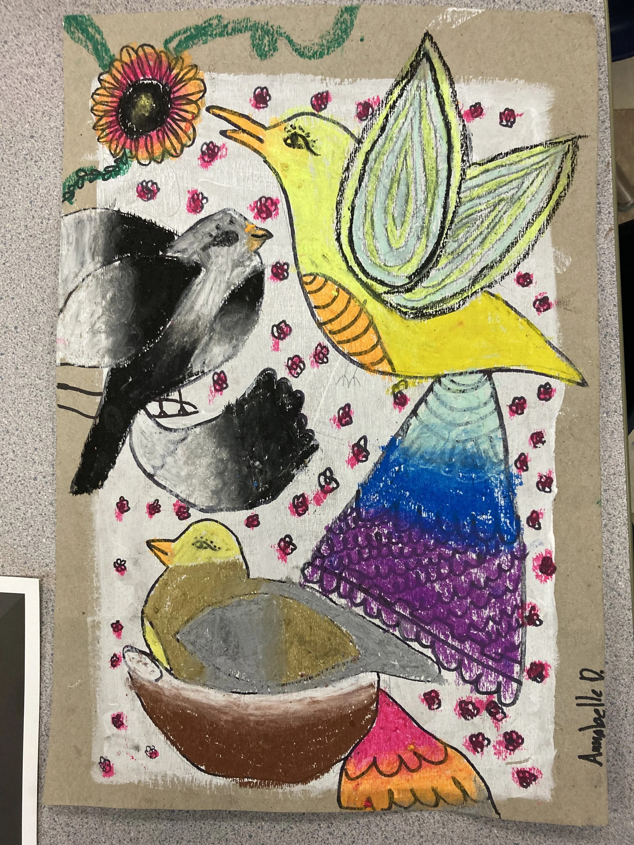 Colorful drawing of a bird with large wings, a small bird in a bowl, and a flower, with pink dots and a brown background.