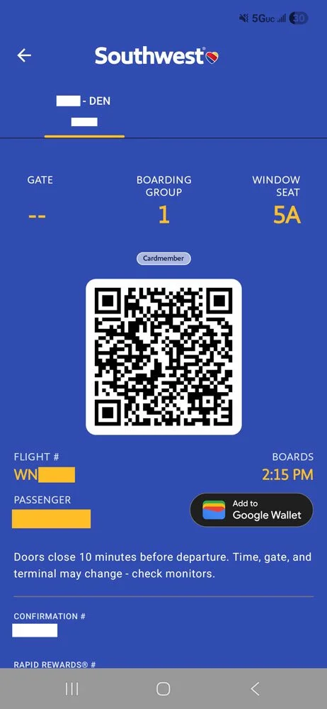 Southwest Airlines new boarding pass with assigned seat