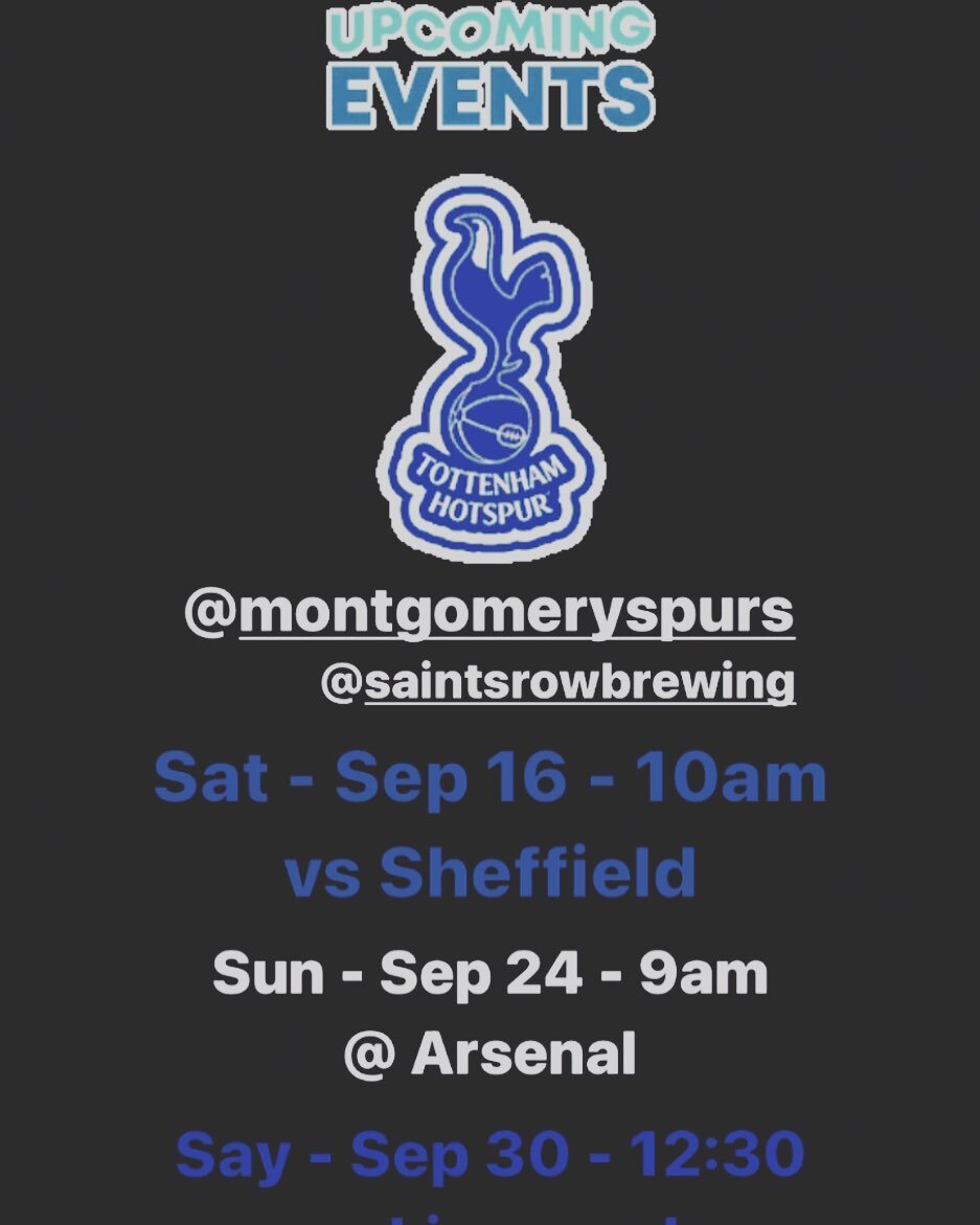 #COYS - @montgomeryspurs upcoming meet-ups @saintsrowbrewing in #gaithersburgmd! Ange ball has us all fired up! Come support Tottenham together with us.