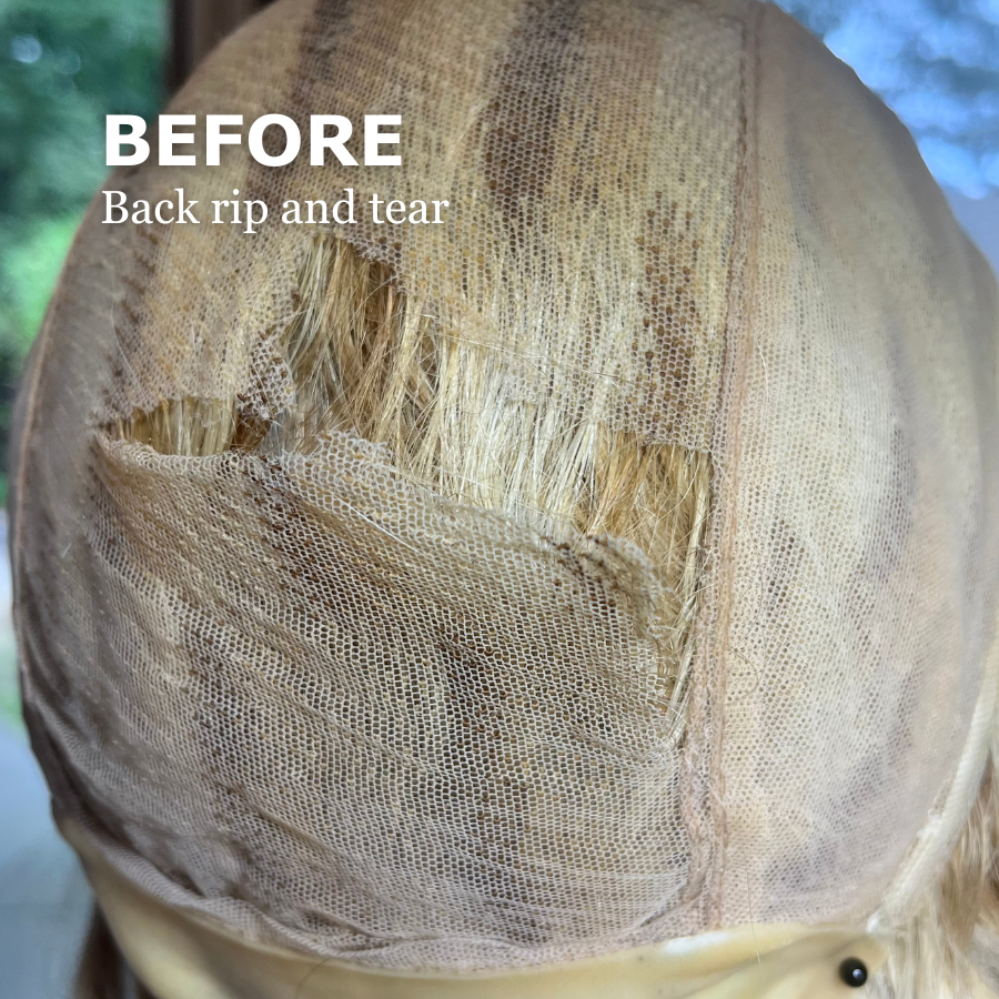 Back of a wig with torn lace cap, hair is visible through a tear in the lace.