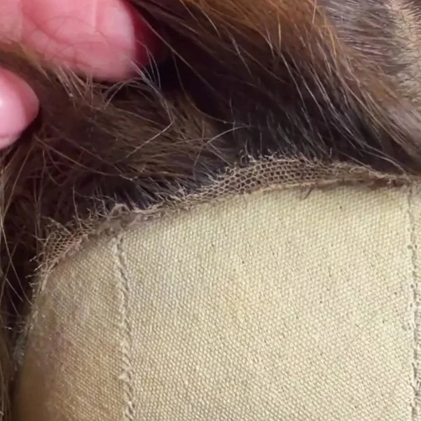 The front edge of a lace top wig showing the lace trimmed to the knots