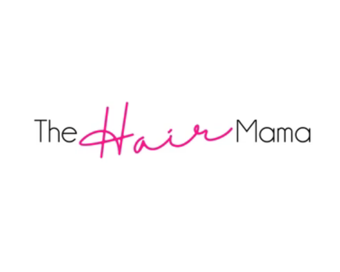 Logo for 'The Hair Mama' with 'Hair' written in pink cursive and the rest in black text on a white background.