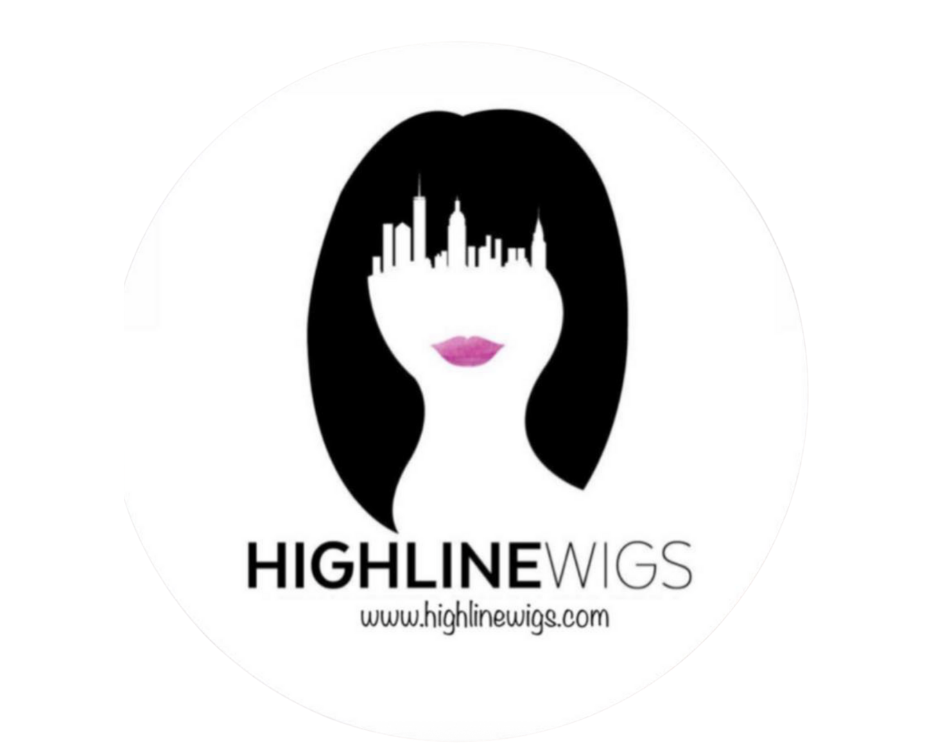 Logo of Highline Wigs featuring a silhouette of a woman's head with black hair, a city skyline for the face, pink lips, and the website www.highlinewigs.com.