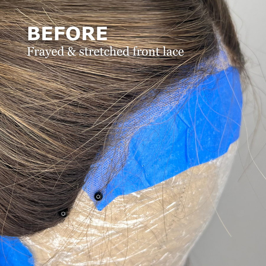 Close-up of a person's head showing frayed and stretched front lace in hair extension or wig, with fabric and hair clips visible.