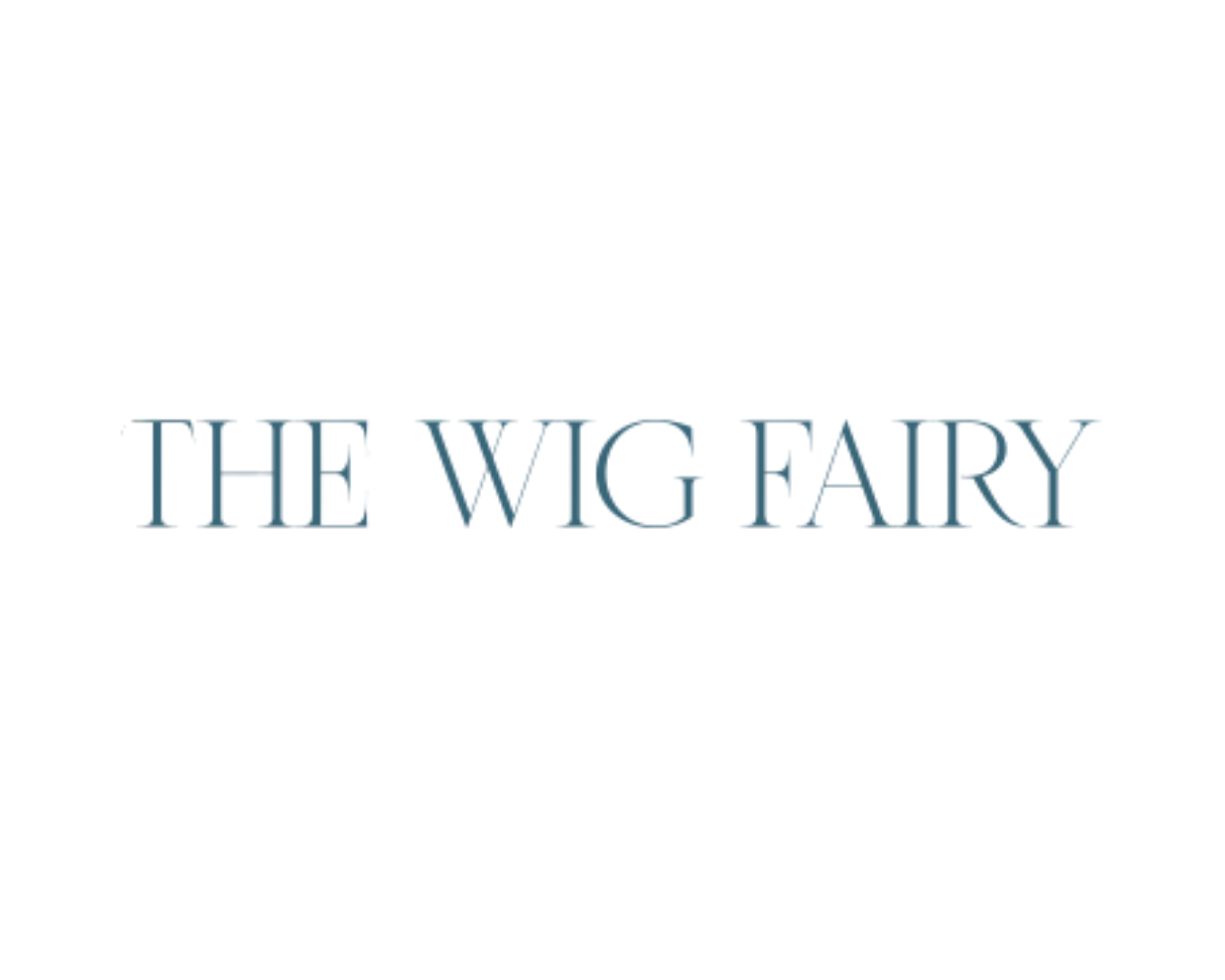 Logo with text 'The Wig Fairy' in elegant blue font.