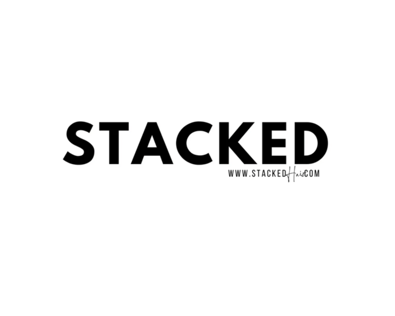 Logo for stackedhair.com featuring the word 'STACKED' in bold black uppercase letters with a smaller web address and stylized script underneath.