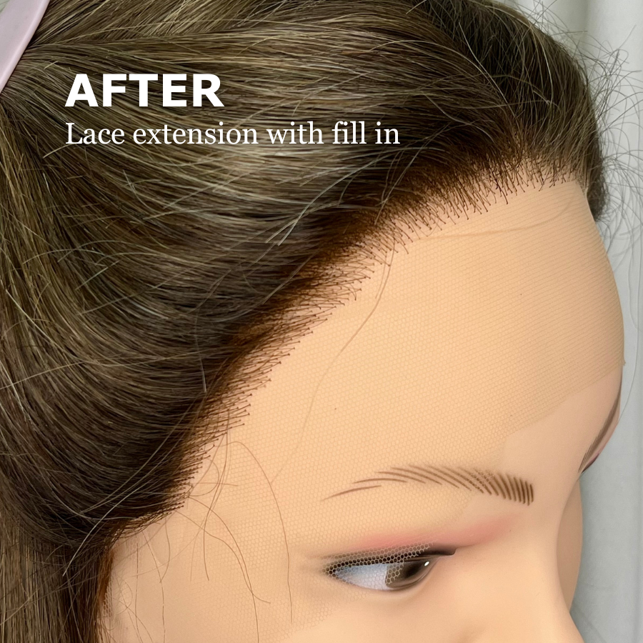 A mannequin head with a lace extension with fill-in hair, showing the side profile of the head and hairstyle.