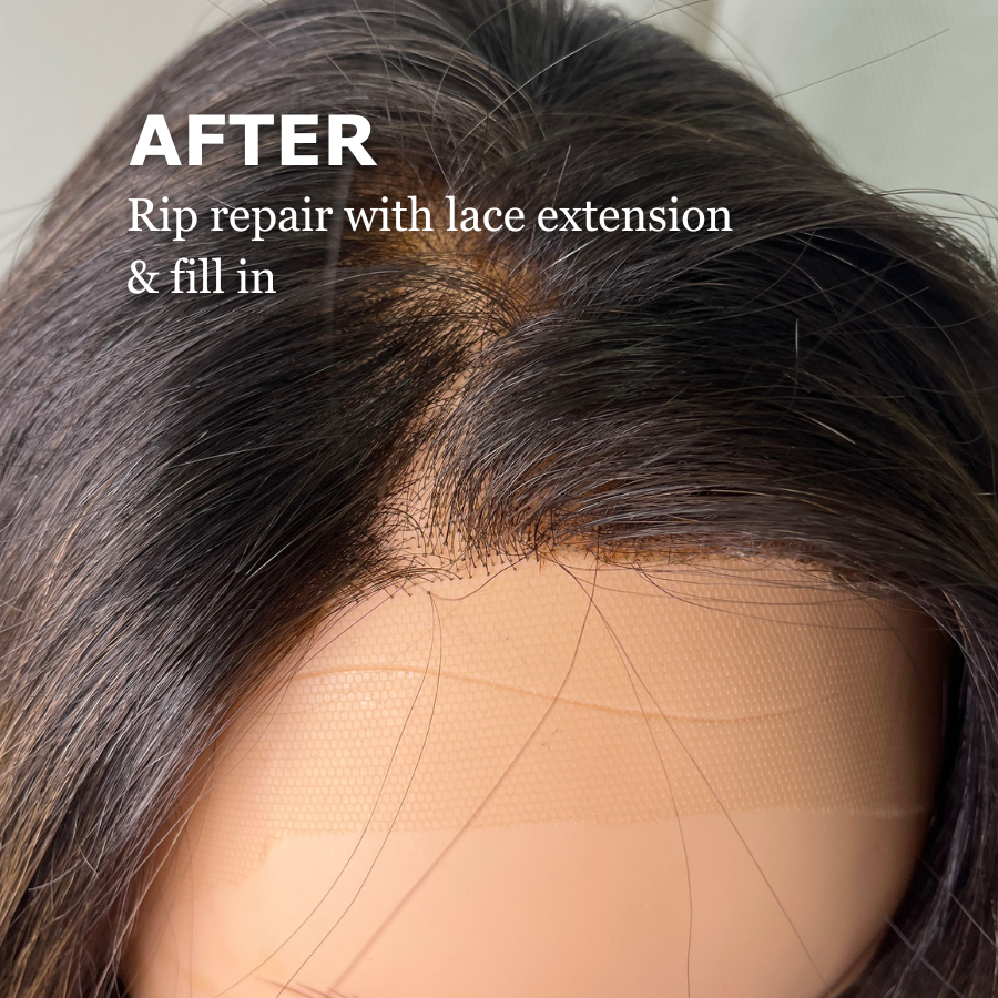 Close-up of a mannequin head showing a repaired human hair wig with a lace extension at the part, labeled as 'AFTER Rip repair with lace extension & fill in'.