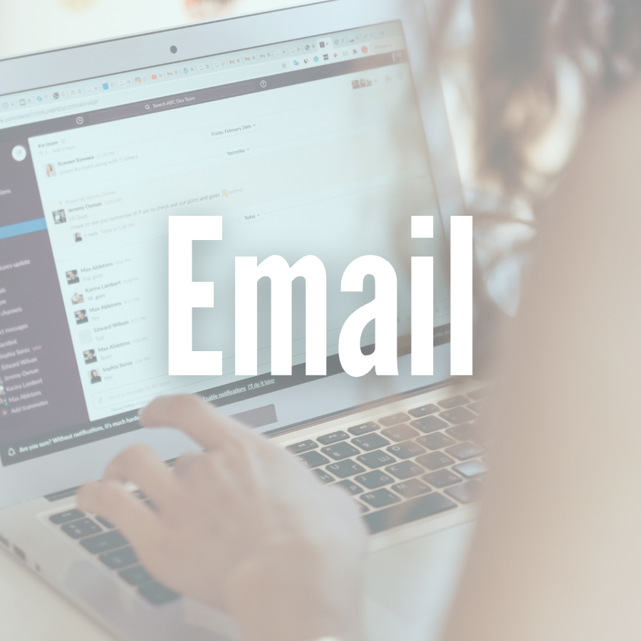 Woman sitting at her computer with focus on the screen and her hands typing out a service inquiry form about issues with her wig. Text overlay states Email