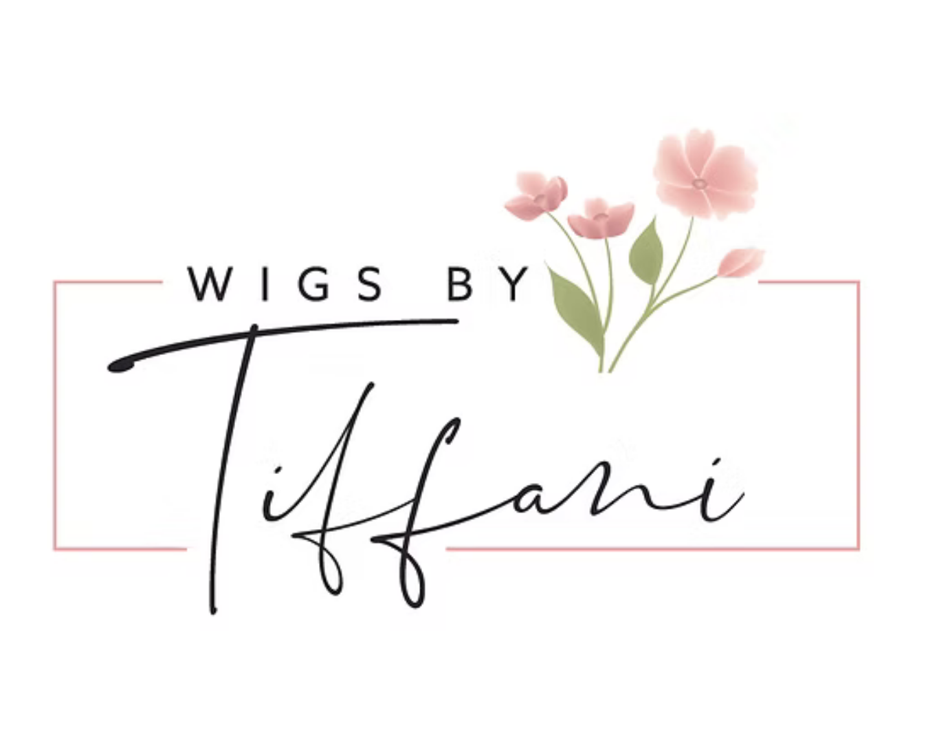 Logo for Wigs by Tiffani featuring pink flowers and elegant script font.