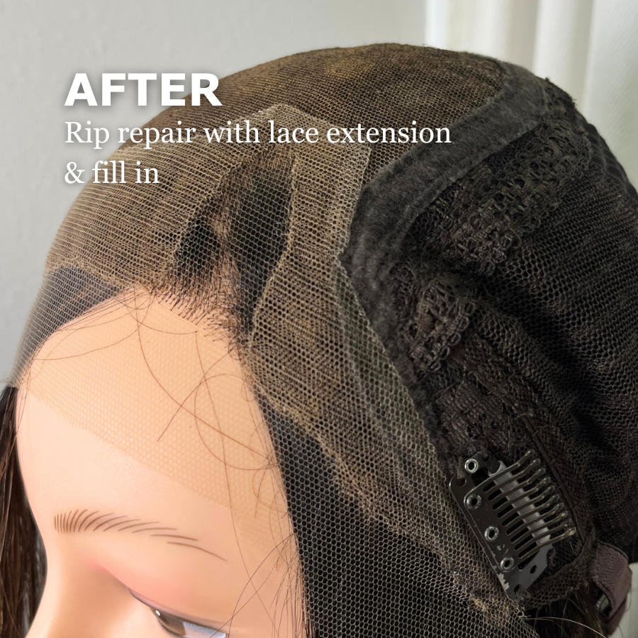 Close-up of a lace extension and filled-in wig cap on a mannequin head, showing a repair done to a hair lace area.