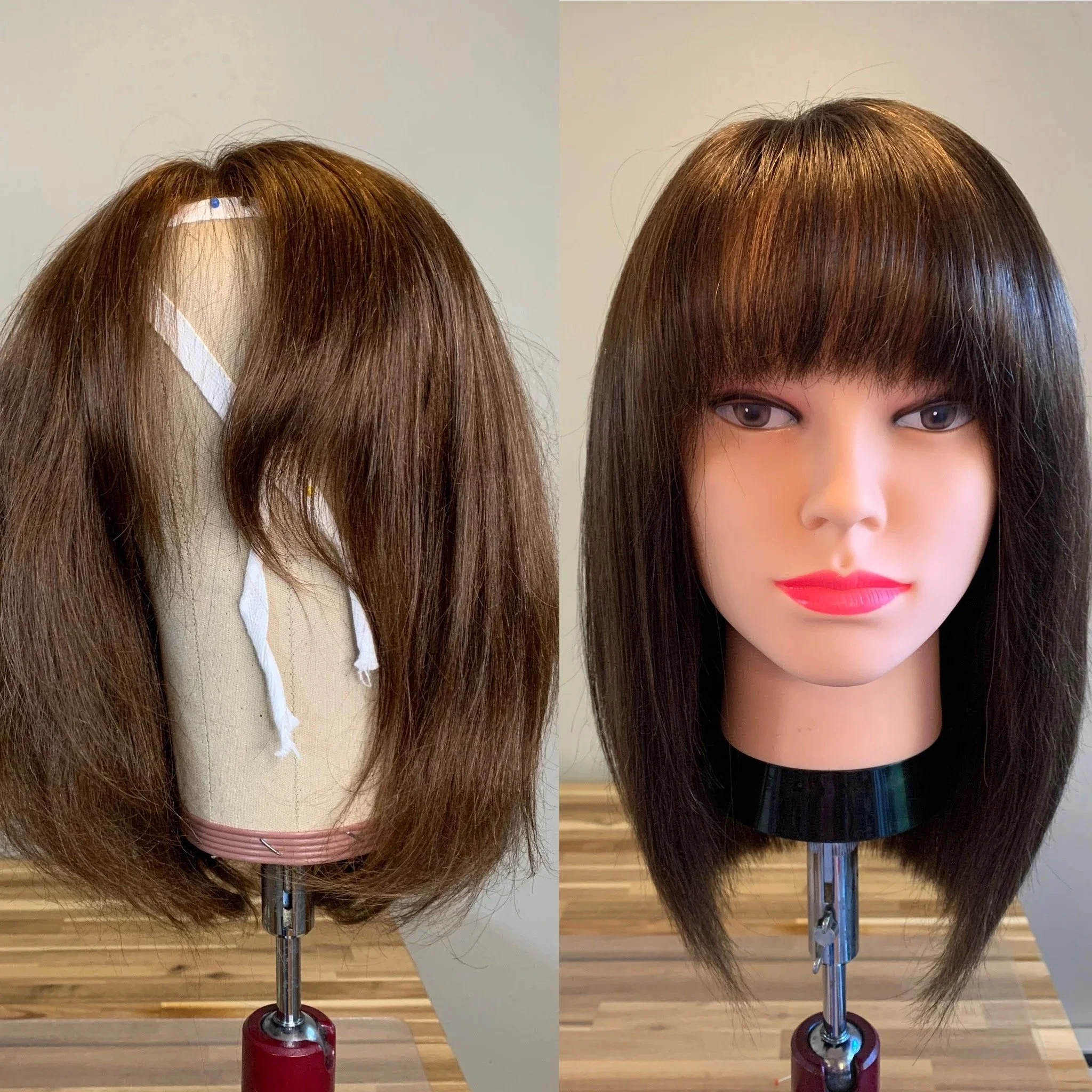 Side-by-side before and after comparison of brown wig before cut and then brown wig with bangs an straight layered bottom after.