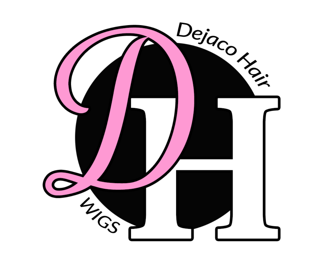 Logo with large black letter H, pink letter D overlapping it, and text that reads "Dejaco Hair Wigs".