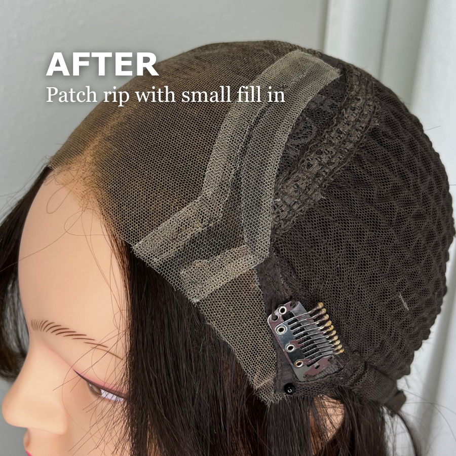 A lace top wig after a large repair to reinforce the structure and make it wearable again