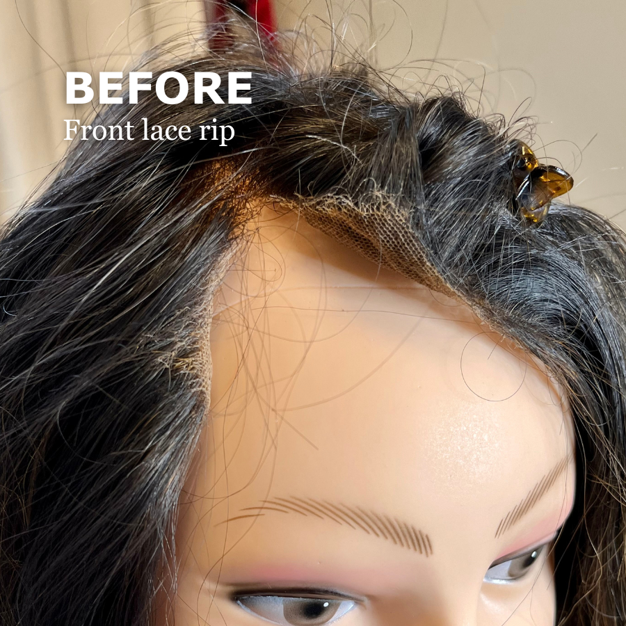 Close-up of a mannequin's head showing a front lace wig with a rip in the lace at the hairline.
