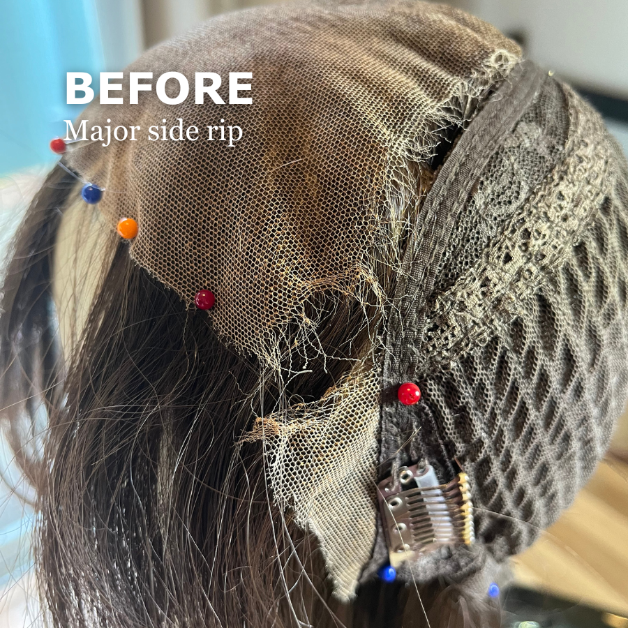 A lace top wig with a large rip along the edge of the top.