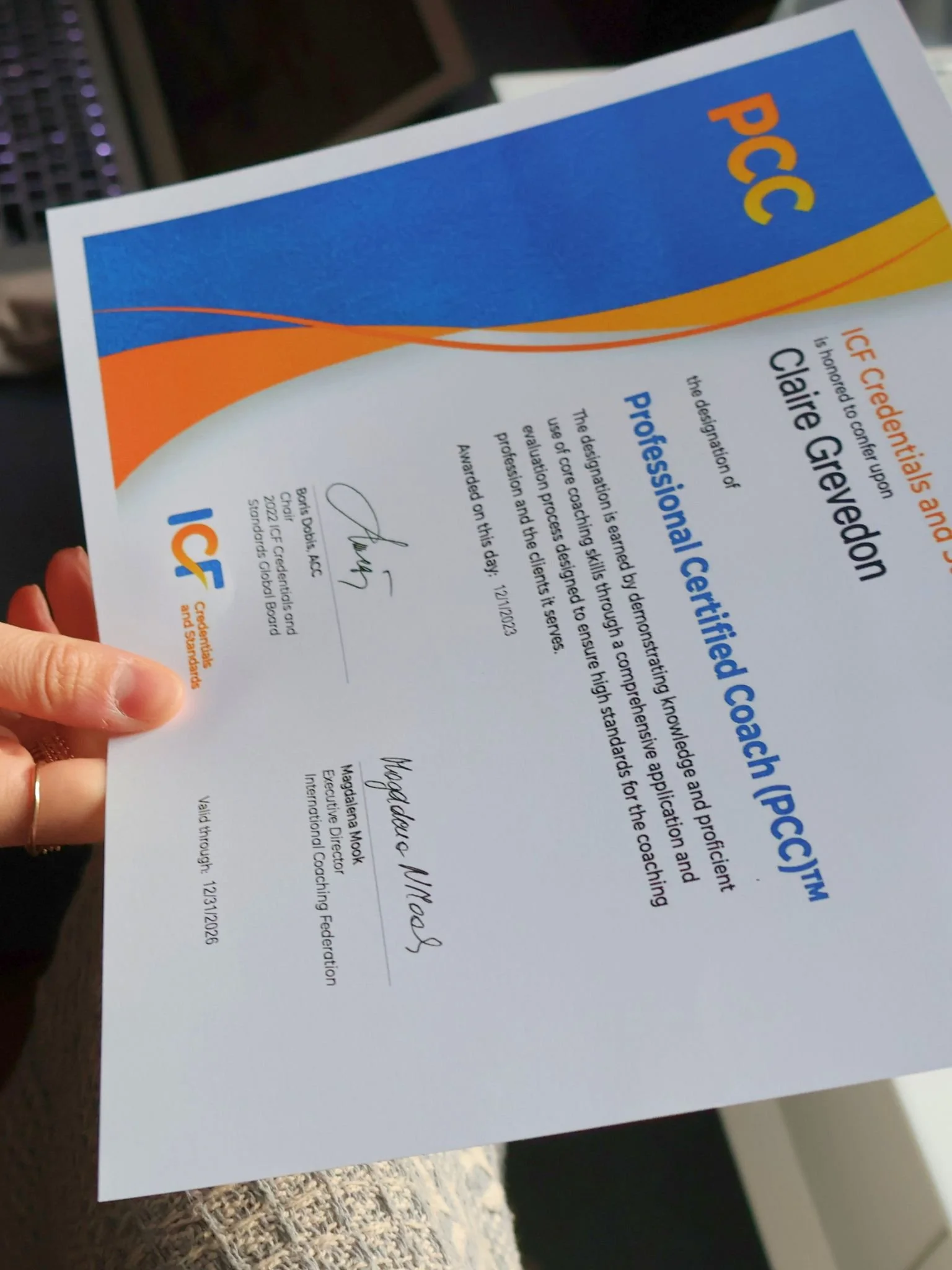 Photo certificat PCC de Claire Grevedon coach professionnelle certifiée