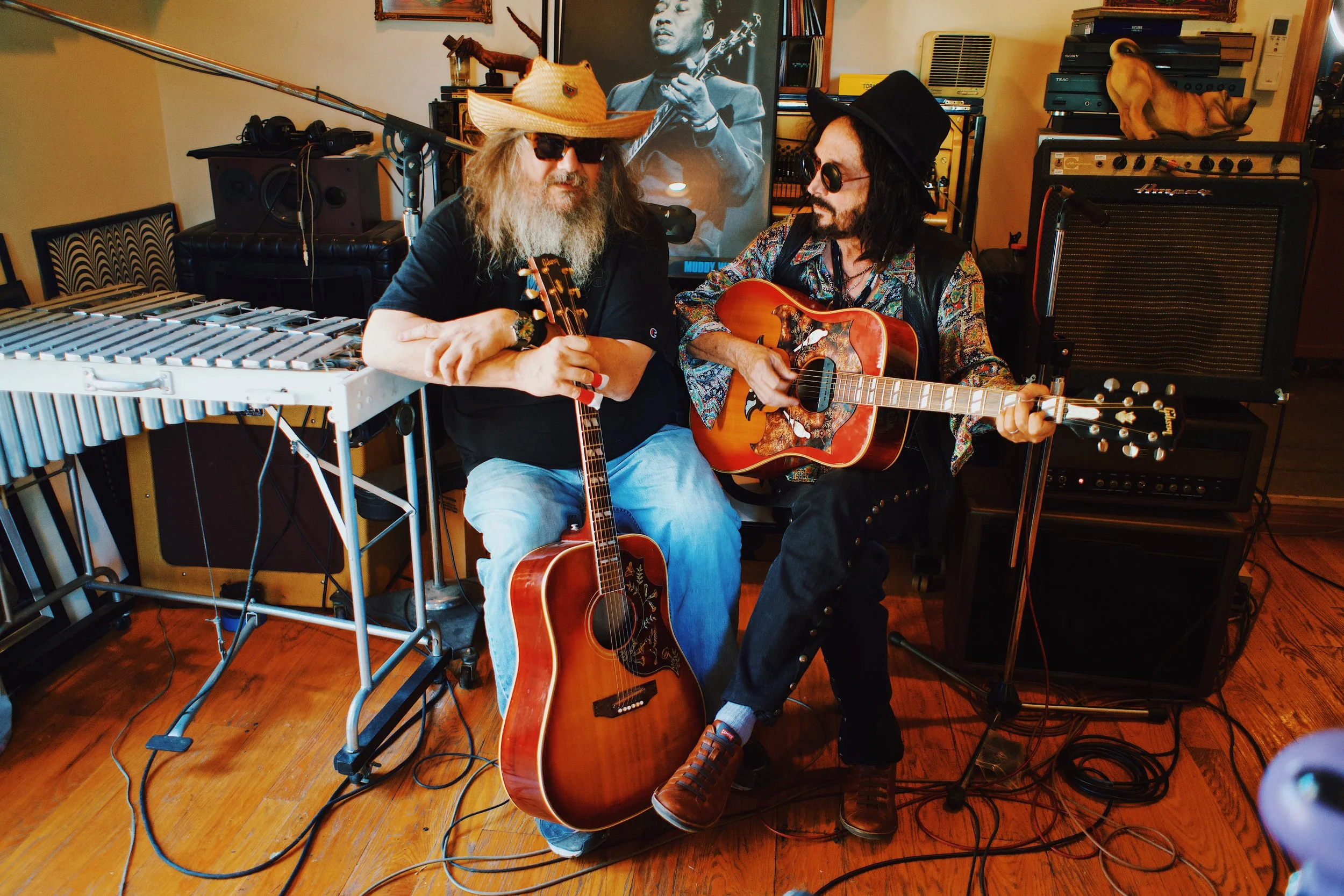 Mike Campbell and George Drakoulias photographed in Mike's home studio in Los Angeles, (2020, medium format film).