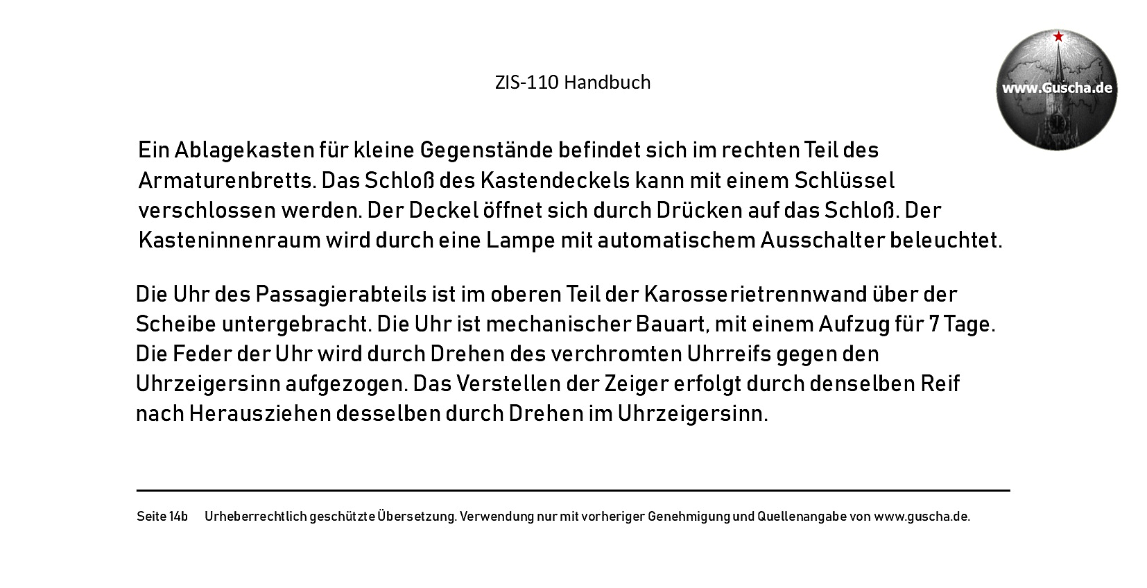 Auszug aus dem ZIS-110 Handbuch zu den Themen Handschuhfach und Uhren