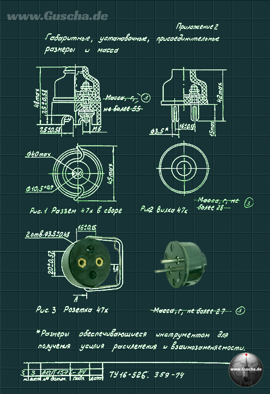techn. Zeichnung von Normsteckdose und Stecker, russischsprachig