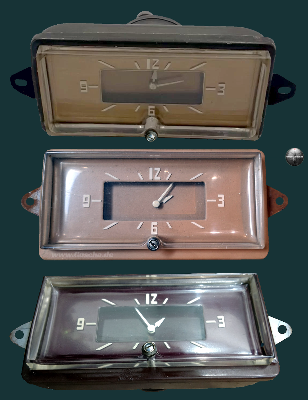 Goldene, braune sowie weinrote Uhren mit rechtwinkligem Design