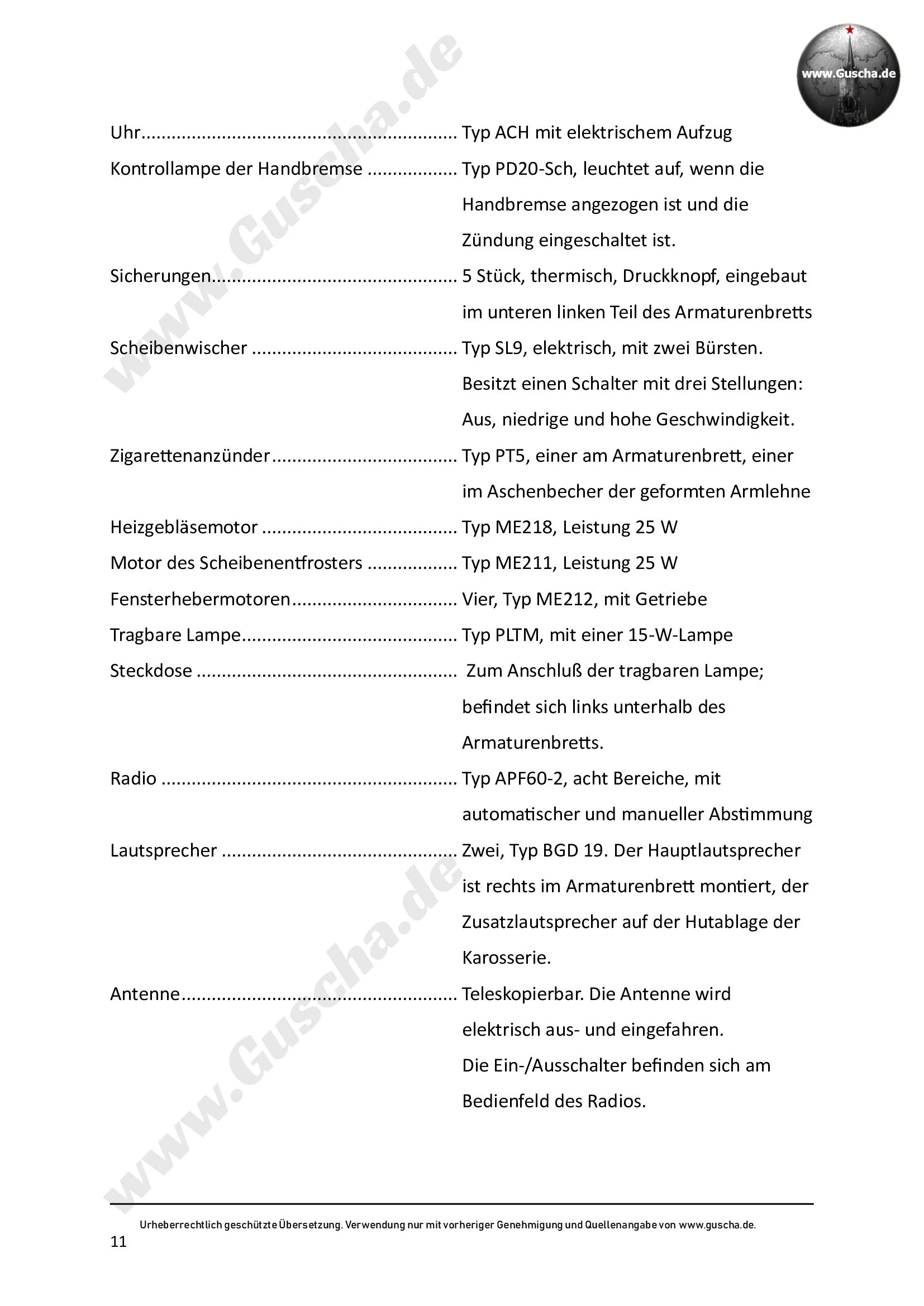 GAZ-13 Tschaika Handbuch Seite 11 mit Einzelkomponenten der E-Anlage