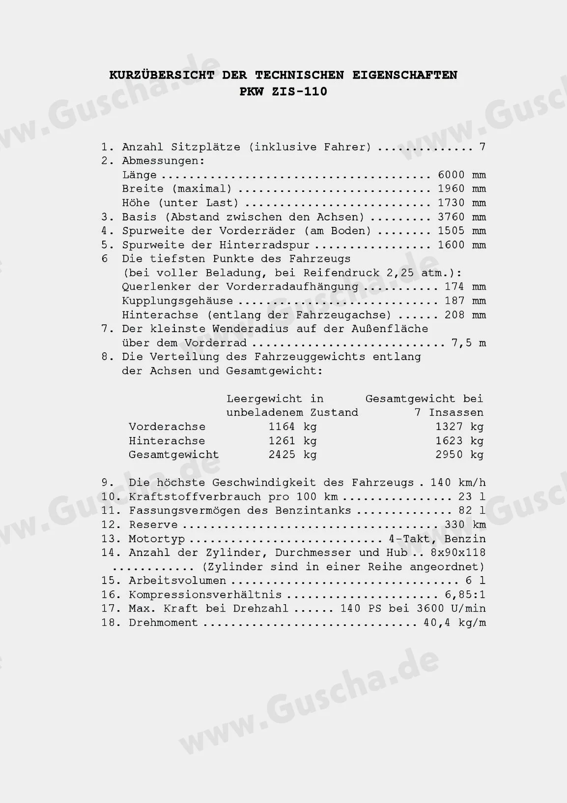 Kurzübersicht der technischen Eigenschaften PKW ZIS-110