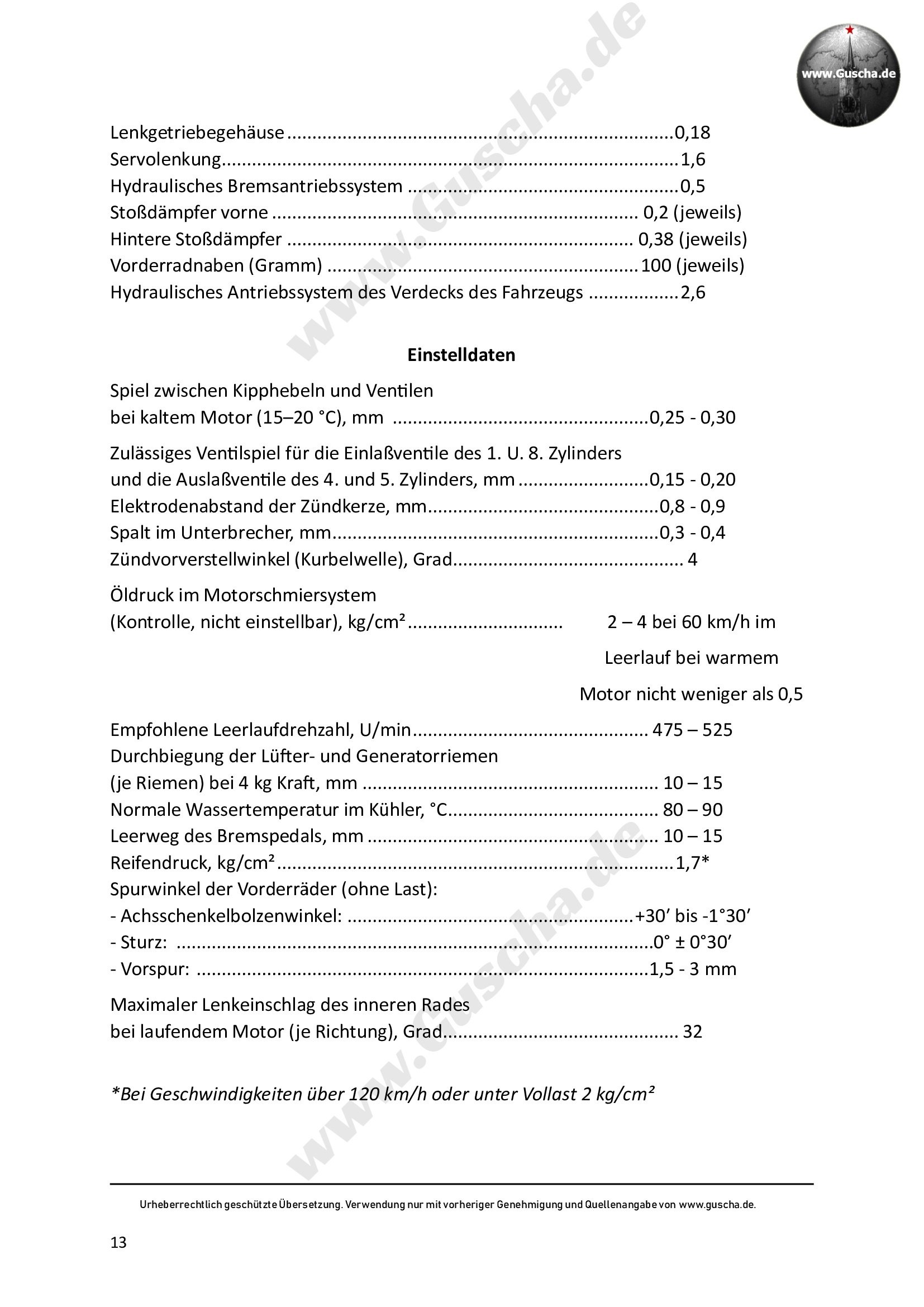 GAZ-13 Tschaika Handbuch Seite 13 mit Füllmengen und Einstelldaten