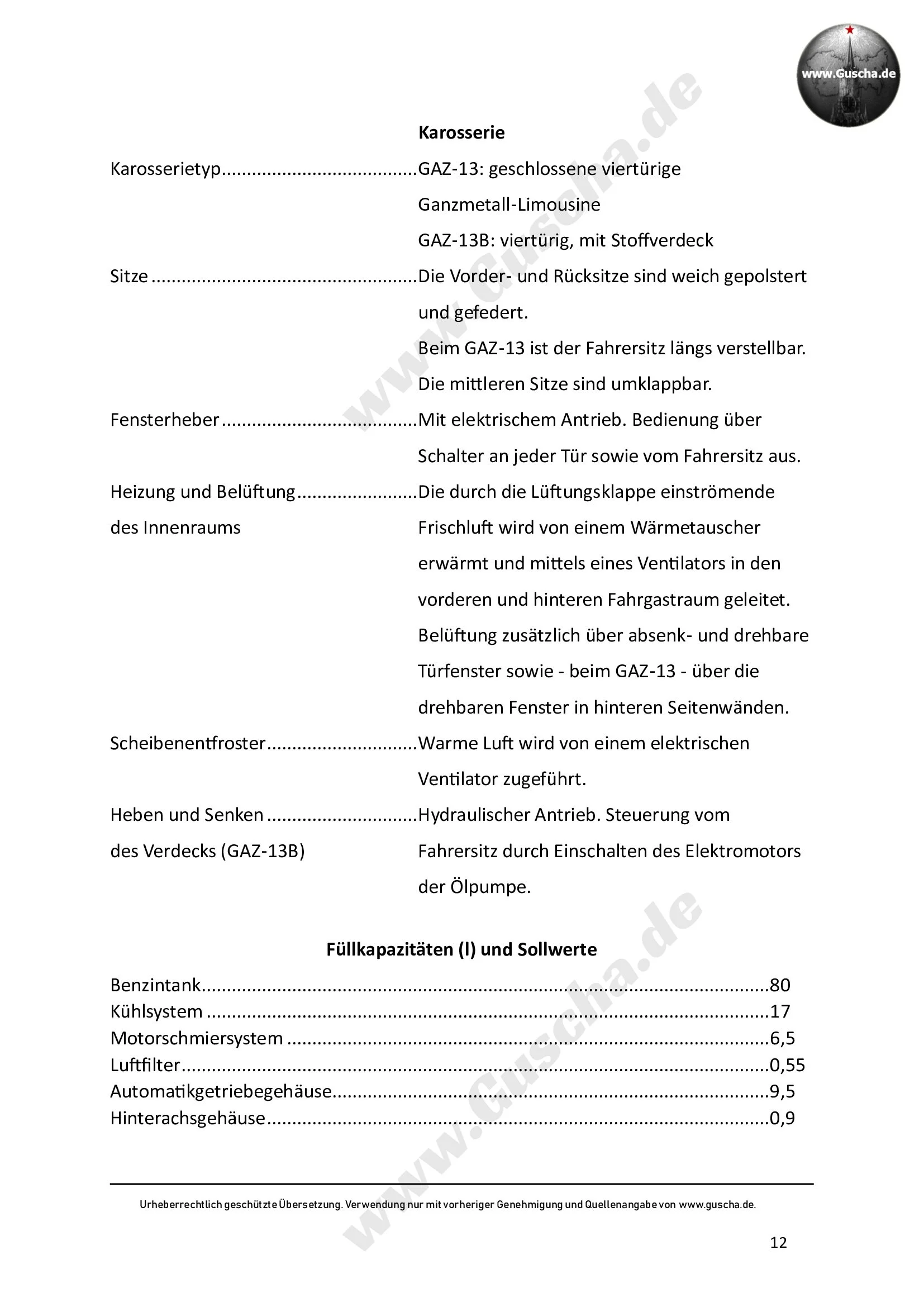 GAZ-13 Tschaika Handbuch Seite 12 mit Eckdaten der Karosse