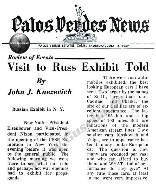 Palos Verdes News vom 16.07.1959 berichtet über ZIL-111 in den USA
